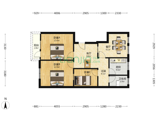 广西壮族自治区人民医院职工宿舍区 3室2厅1卫 76平方