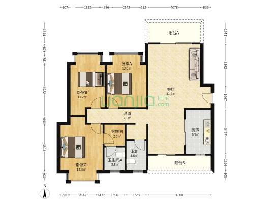 君尚瑞景 3室1厅2卫 127平方