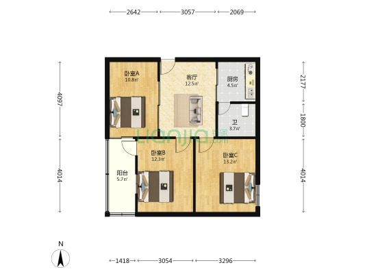 德盛花园 3室1厅1卫 77平方