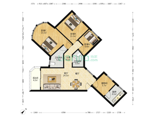 富华苑 3室1厅2卫 104平方