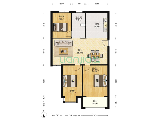 科安国际花园 3室1厅1卫 121平方