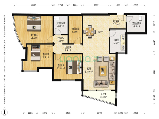 中南公寓 3室1厅2卫 132平方