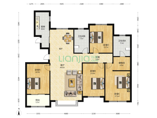 东金1号 4室1厅2卫 196平方