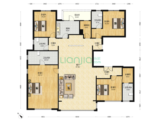 武汉天地云廷3期 4室1厅4卫 266平方