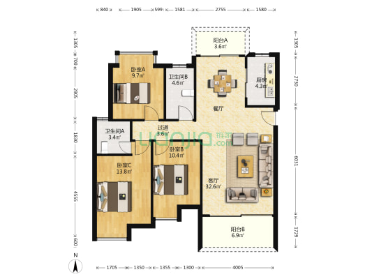 卓胜雅轩 3室1厅2卫 109平方