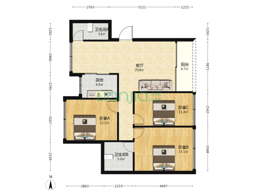 沁园坊 3室1厅2卫 93平方