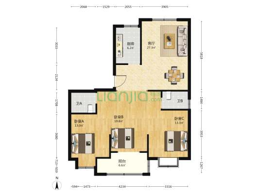 银豪紫缘公寓 3室1厅2卫 136平方