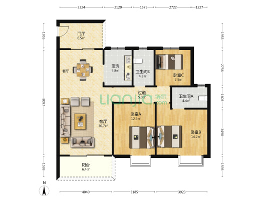 格林花园 3室1厅2卫 116平方