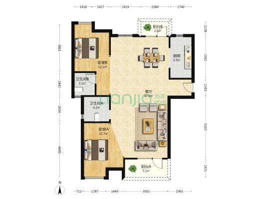 东湖风光 2室1厅2卫 122平方