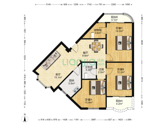 银都花园 3室2厅1卫 104平方