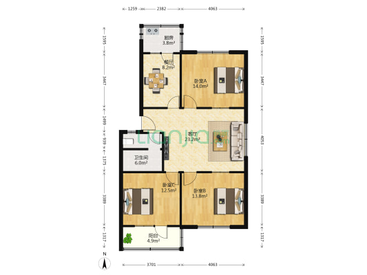 一机厂宿舍 3室2厅1卫 98平方
