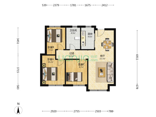 华润置地大连湾B4区 3室1厅1卫 98平方