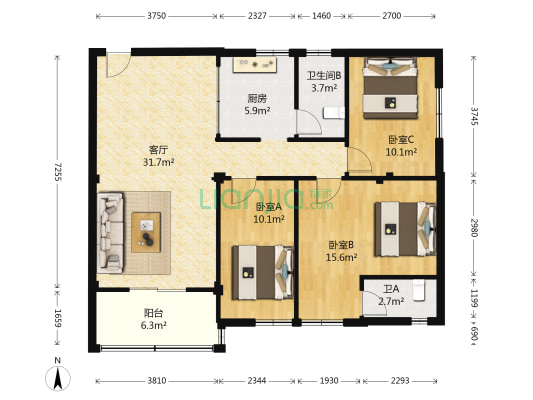 华侨商业城 3室1厅2卫 111平方