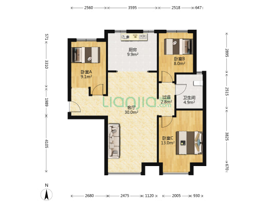 富力新城H13区 3室1厅1卫 104平方