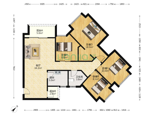 北湖龙郡 4室1厅1卫 120平方