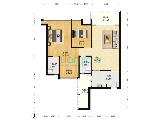 佳境康城臻熹园 2室1厅2卫 90平方