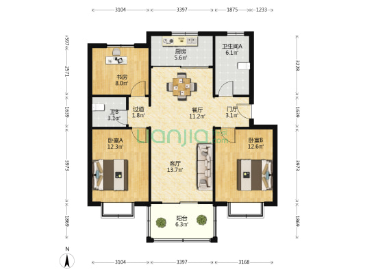 城东公寓 3室2厅2卫 100平方