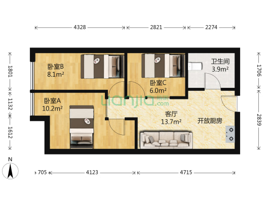 凯丽晶座 3室1厅1卫 56平方
