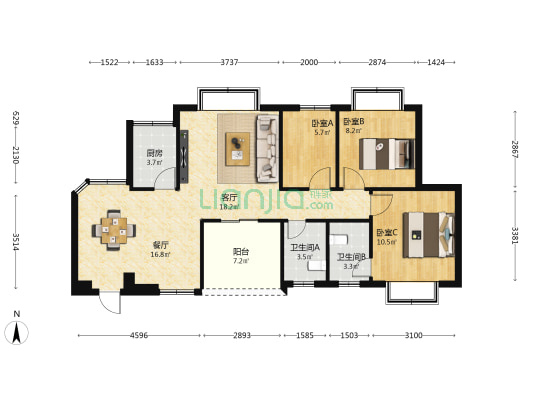 兴安苑 3室2厅2卫 91平方