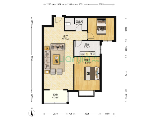 东方丽景 2室1厅 南-户型图
