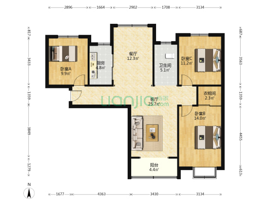辉隆名郡 3室2厅1卫 116平方