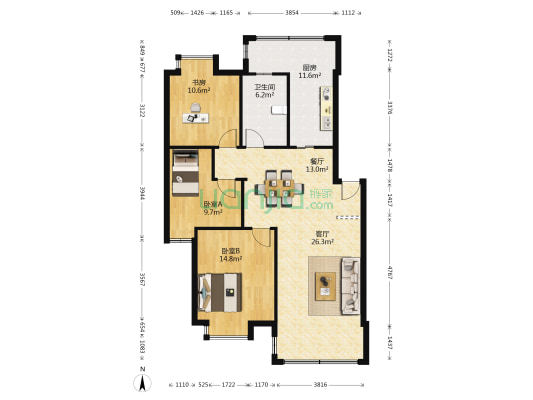 阳光城 3室2厅1卫 107平方