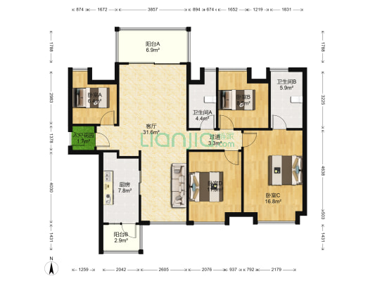 越秀保利爱特城 4室1厅2卫 129平方