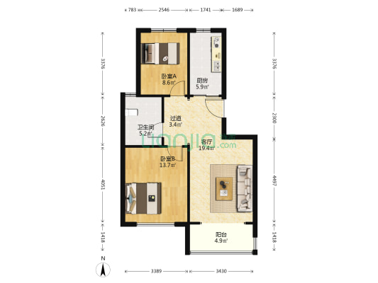 龙居文苑 2室1厅1卫 88平方