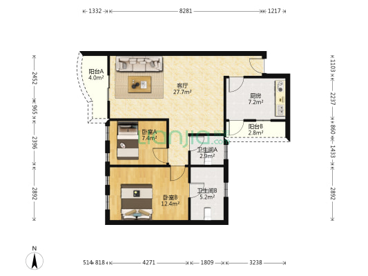 金湖花园 2室1厅2卫 82平方