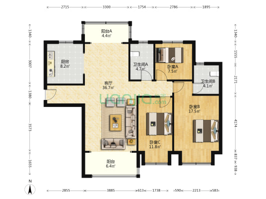 恒大翡翠华庭 3室1厅2卫 138平方