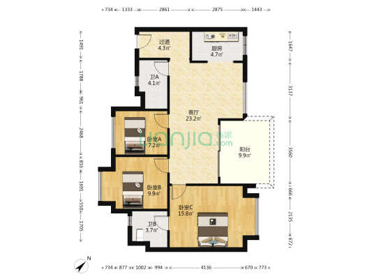 御湖世家 3室1厅2卫 97平方