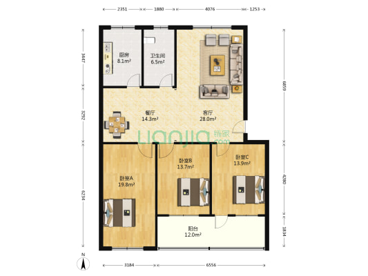 泰安市市直机关北院第一宿舍 3室2厅1卫 135平方