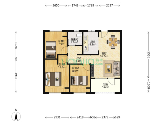 吾悦华府B4 3室1厅1卫 85平方