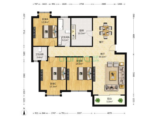红谷世纪花园C区 3室1厅2卫 136平方