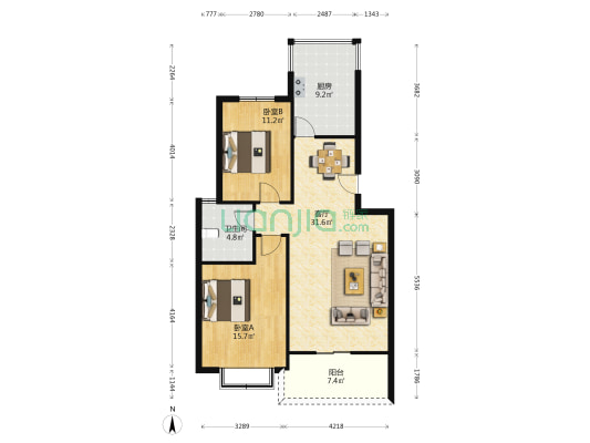 书香公寓 2室1厅1卫 88平方