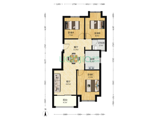 大名城映玥 3室2厅1卫 93平方