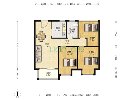 水韵花都三期北组团 3室1厅1卫 93平方