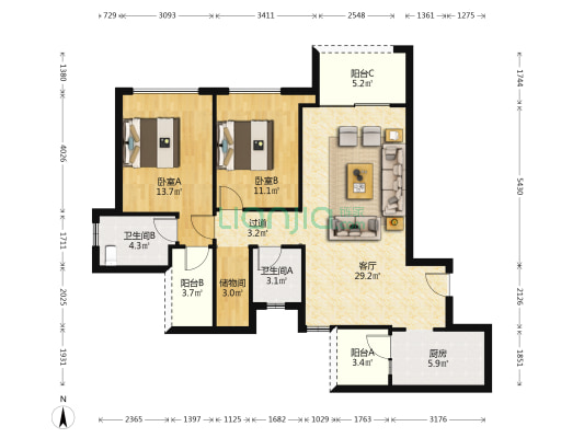 金科博翠园A区 2室1厅2卫 98平方