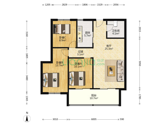 汇园铭邸 3室1厅1卫 106平方