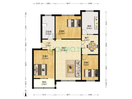 圣龙小区 3室2厅1卫 106平方