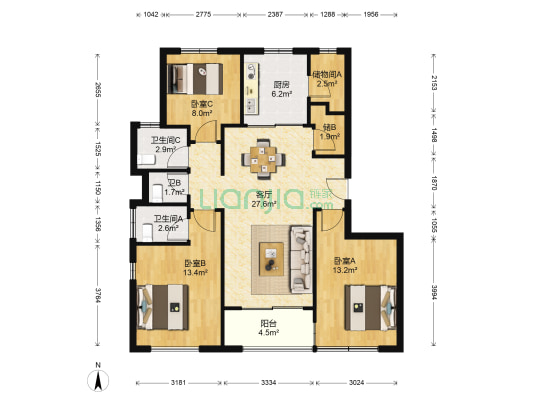 万科城二期 3室1厅3卫 88平方