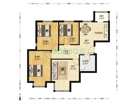 东海岸家园 3室2厅1卫 112平方
