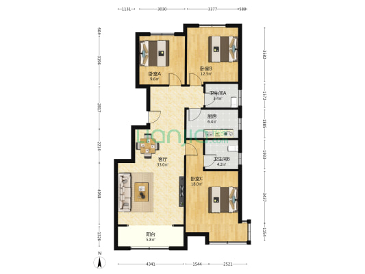 厚德福城II礼著（北院） 3室1厅2卫 120平方