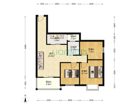 凤岭天空 3室1厅1卫 88平方