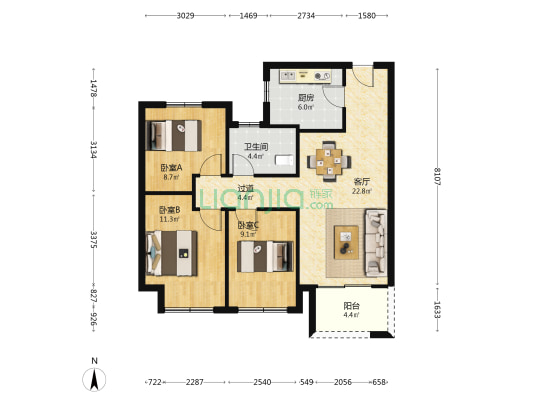 天伦城壹号院 3室1厅1卫 96平方