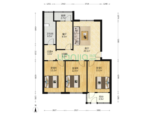 公路局宿舍 3室2厅1卫 108平方