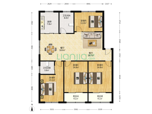 健康花苑 4室2厅2卫 143平方