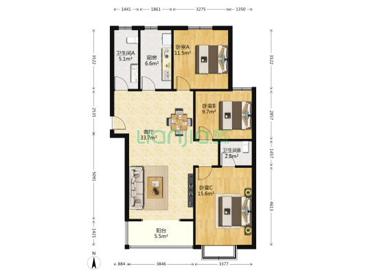 奥特花园 3室1厅2卫 125平方