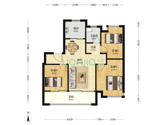万科雨悦光年 3室1厅1卫 89平方