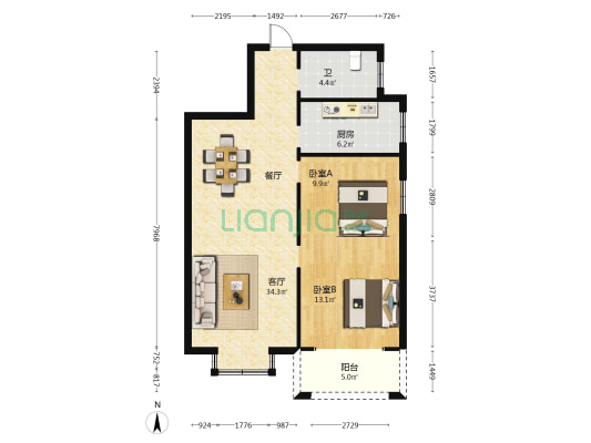 城市星座 2室1厅1卫 90平方